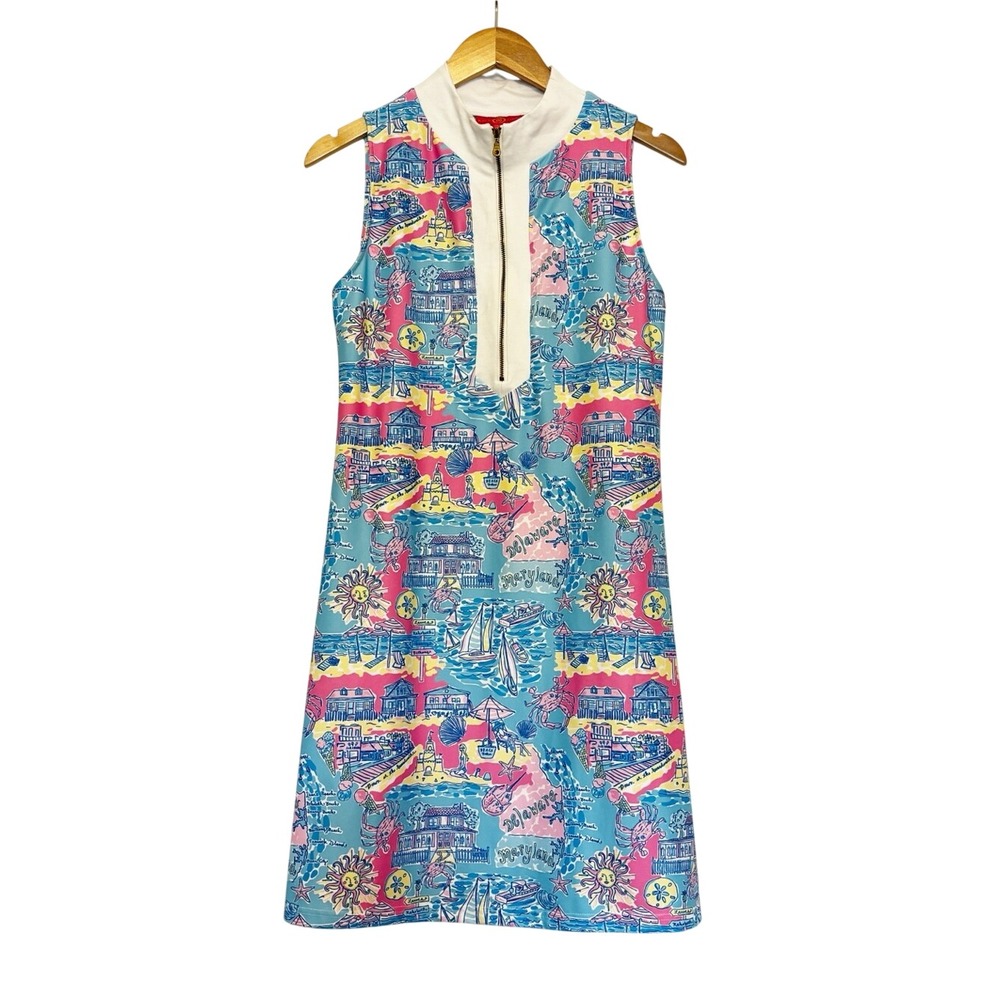 Kaeli Smith Sleeveless Delaware Maryland Beach Shoreline Print Zip Dress size M